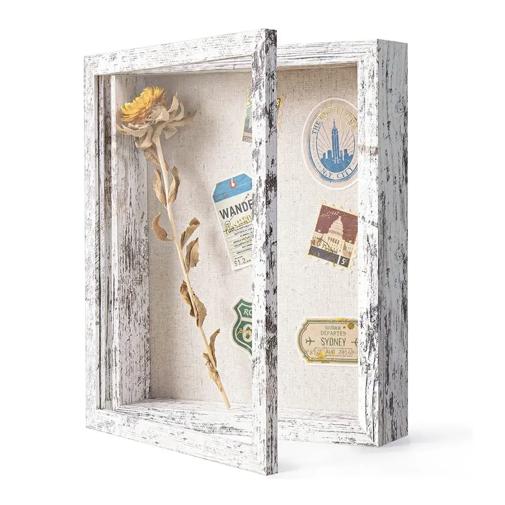 8x10 Shadow Box Frame With Linen Back Distressed White Rustic Picture Frame With Dried Flower