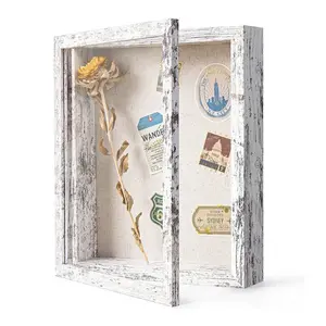 8x10 Shadow Box Frame With Linen Back Distressed White Rustic Picture Frame With Dried Flower