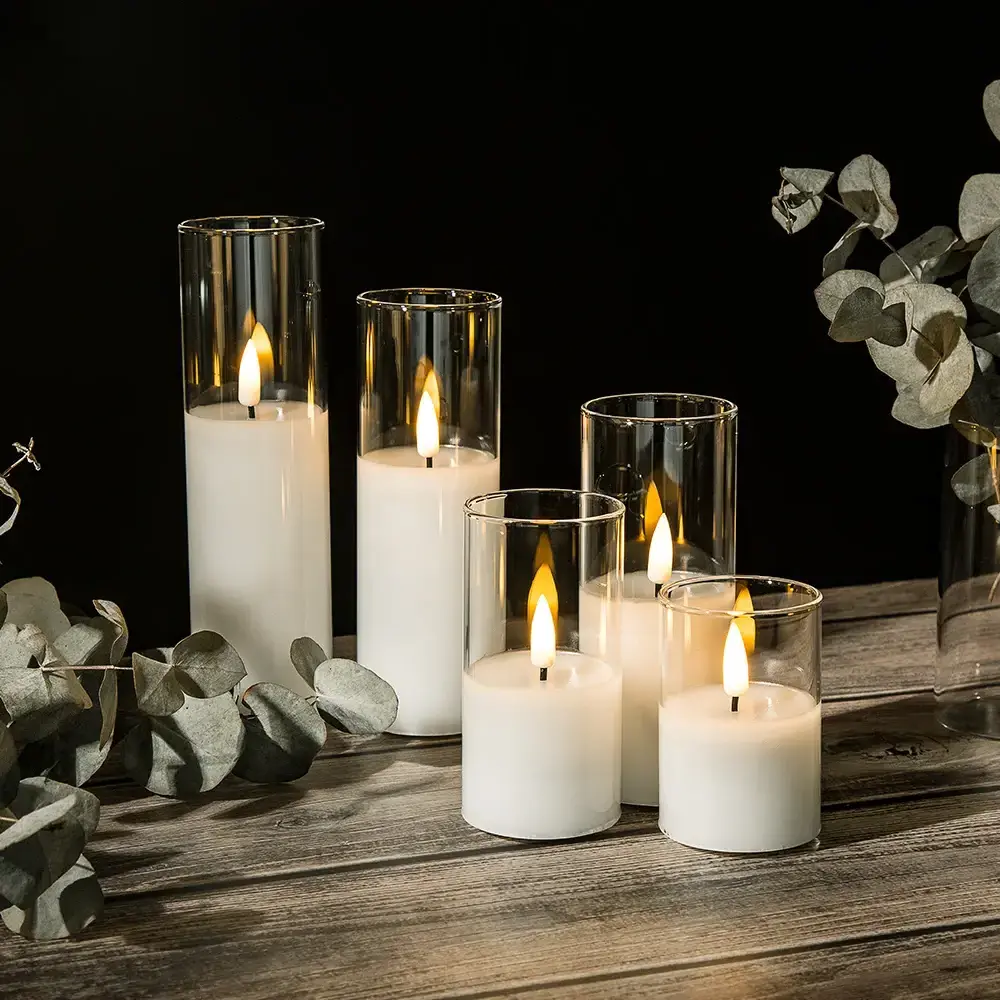 3 pcs Clear Glass Flameless Candles with Timer Flickering Pillar Led Candle Light In Clear Glass with Moving Flame Electronic