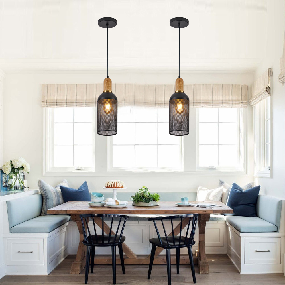 Black Pendant Lights for Kitchen Island, Farmhouse Wood Grain Pendant Light Fixtures with Metal Caged, Hanging Lamps for Island