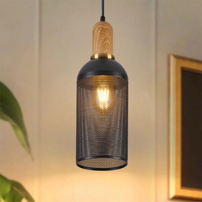 Black Pendant Lights for Kitchen Island, Farmhouse Wood Grain Pendant Light Fixtures with Metal Caged, Hanging Lamps for Island