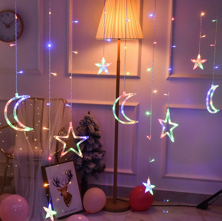 Outdoor Fairy Hanging Wedding Party Garden Bedroom Wall Christmas Decoration Twinkle Star Moon Led Window Curtain String Light