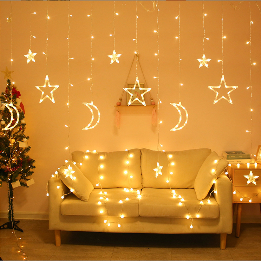 Outdoor Fairy Hanging Wedding Party Garden Bedroom Wall Christmas Decoration Twinkle Star Moon Led Window Curtain String Light