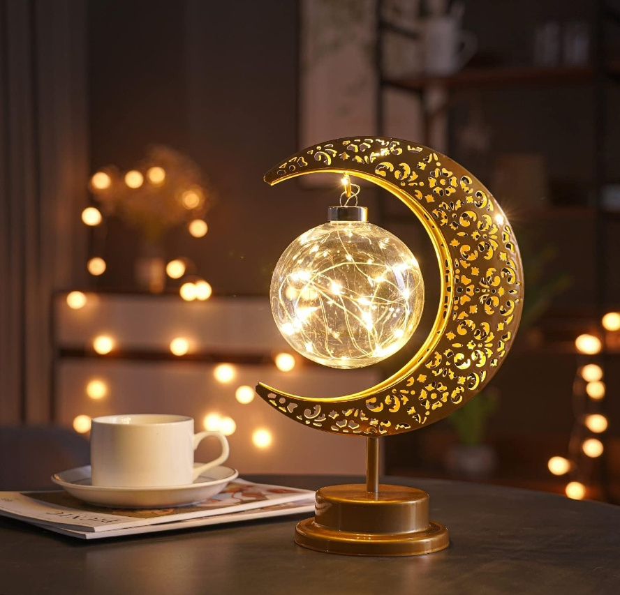 Enchanted Lunar Lamp Battery Powered Eid Ramadan Metal Copper Wire Rattan Star Moon Room Decoration Led Crescent Night Light