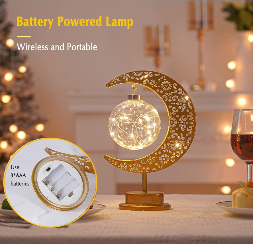 Enchanted Lunar Lamp Battery Powered Eid Ramadan Metal Copper Wire Rattan Star Moon Room Decoration Led Crescent Night Light