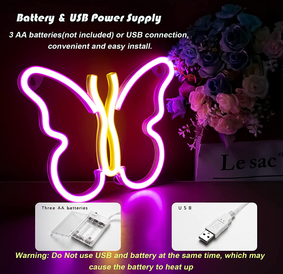 Led Neon Night Light Sign Wall Art Sign USB/Battery Operated Butterfly Neon Lights For Kids Room Aesthetic Party Bar Decoration