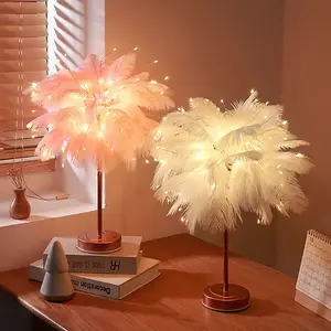 Copper Wire Table Lamp Remote Control Girl Room Bedroom Decoration Battery Operated Usb Led Feather Night Light For Kids Room