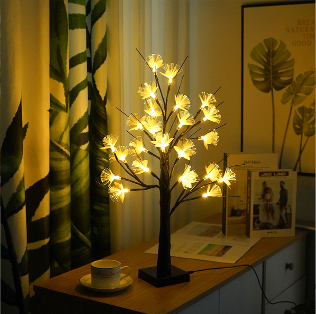 Fiber Optic Flower Night Light 45cm Artificial Tree With 24 Led Lights Warm White Usb Tabletop Bonsai Led White Birch Tree Light