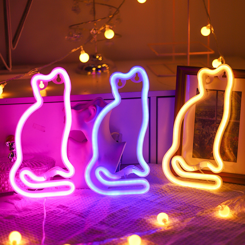 Cute Kitten Hanging Usb/Battery Powered Animal Neon Night Light Led Cat Neon Sign For Wall Kids Room Bar Party Decoration