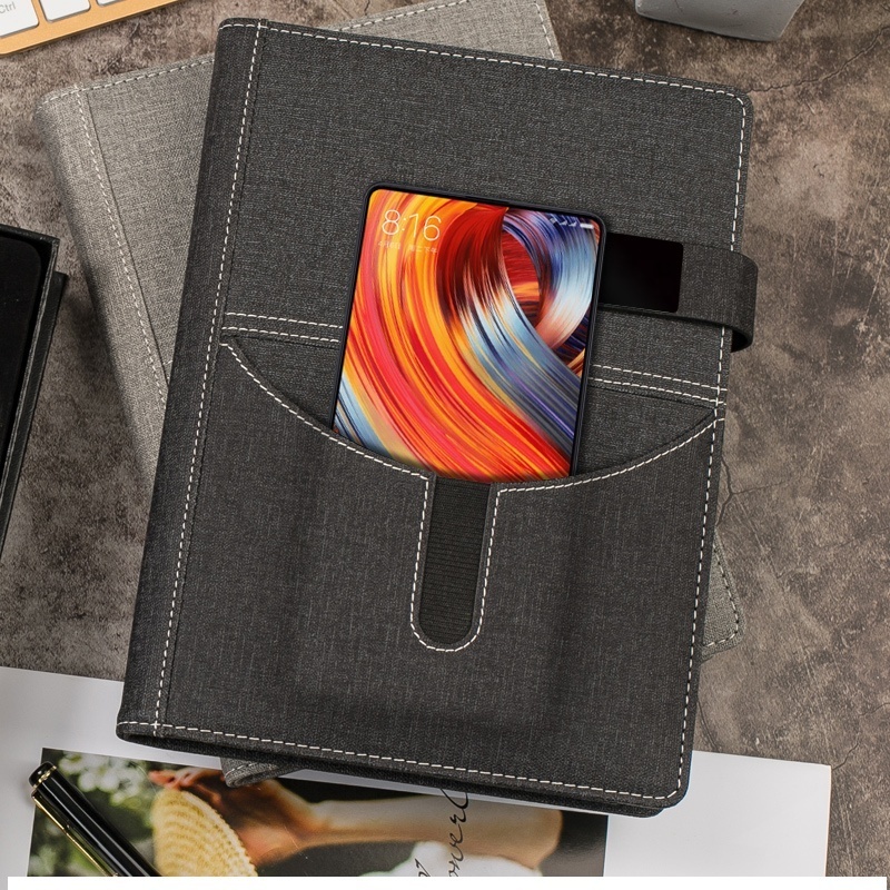 Multifunctional pu leather power bank note book agenda smart business gift powerbank notebook with phone pocket