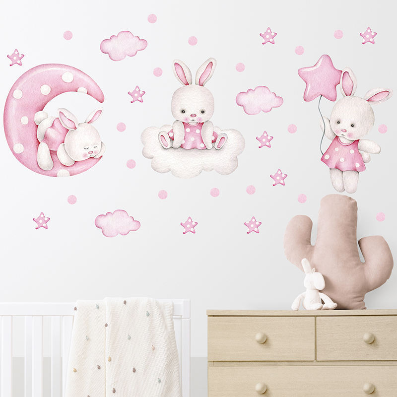 Wholesale custom printing waterproof cartoon pink rabbit moon star clouds wall stickers for home decoration kids room