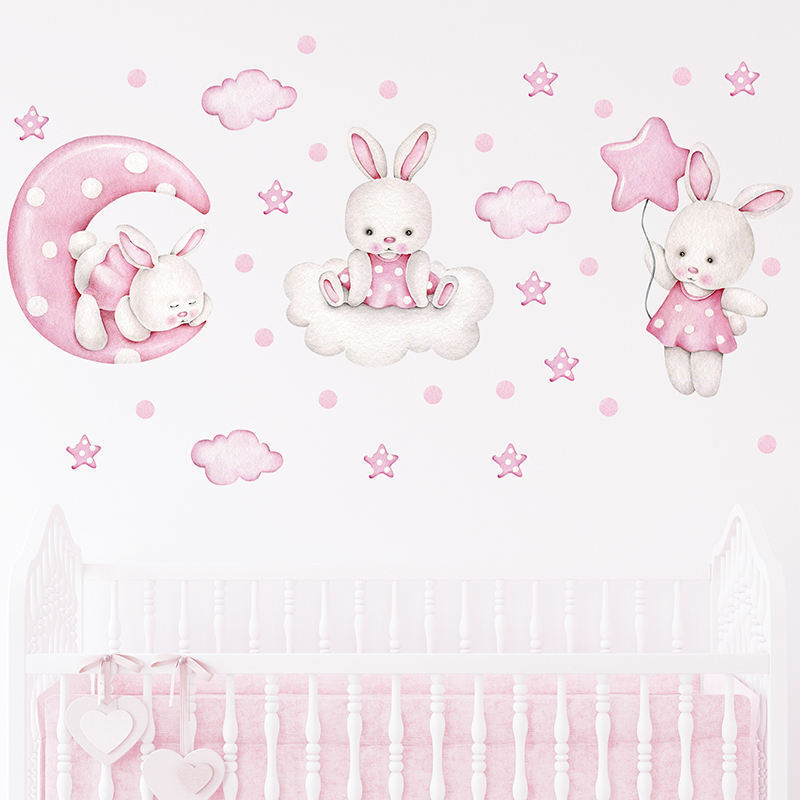 Wholesale custom printing waterproof cartoon pink rabbit moon star clouds wall stickers for home decoration kids room