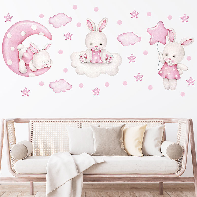 Wholesale custom printing waterproof cartoon pink rabbit moon star clouds wall stickers for home decoration kids room