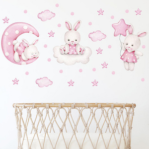 Wholesale custom printing waterproof cartoon pink rabbit moon star clouds wall stickers for home decoration kids room