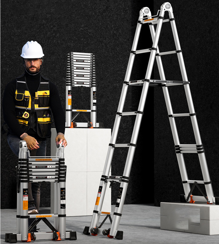 Multi function aluminum alloy herring-bone telescopic lifting and folding ladder