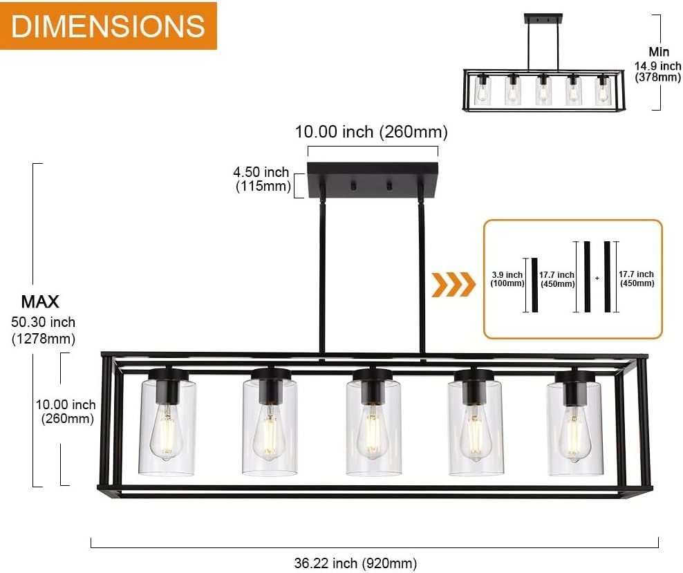 Farmhouse Chandeliers Rectangle Black 5 Light Dining Room Lighting Fixtures Hanging, Kitchen Island Cage Pendant Lights