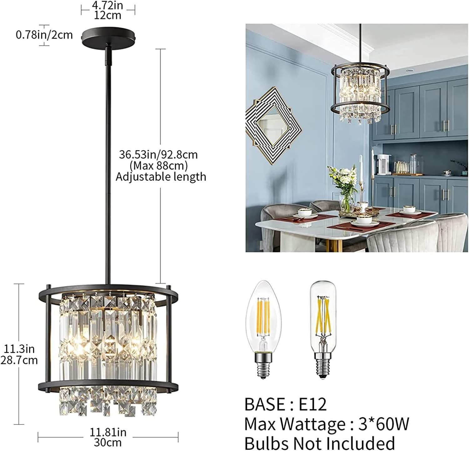 Light Fixture Semi Flush Mount Ceiling Light Fixture Industrial Farmhouse Chandelier Black Metal Crystal Pendant Light