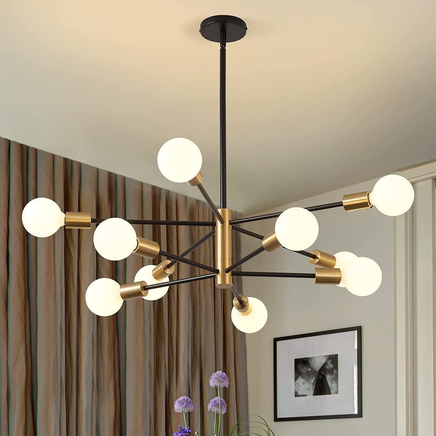 10-Light Black and Gold Chandelier Height Adjustable Mid Century Pendant Lighting Sputnik Ceiling Light Fixture for Kitchen