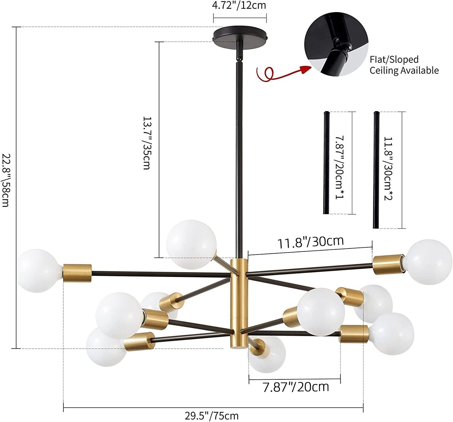 10-Light Black and Gold Chandelier Height Adjustable Mid Century Pendant Lighting Sputnik Ceiling Light Fixture for Kitchen