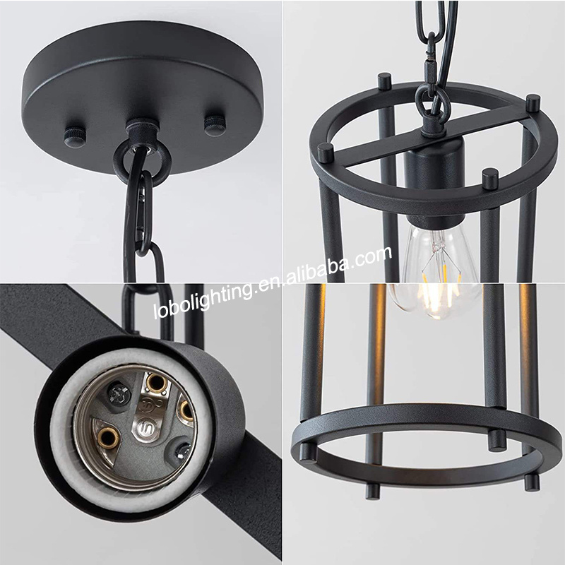 Black Lantern Chandelier in Finish Metal Round Fixture Light for Kitchen Island Cage Pendant Light with Adjustable Chain Hang