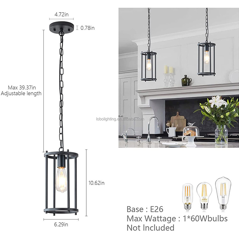 Black Lantern Chandelier in Finish Metal Round Fixture Light for Kitchen Island Cage Pendant Light with Adjustable Chain Hang