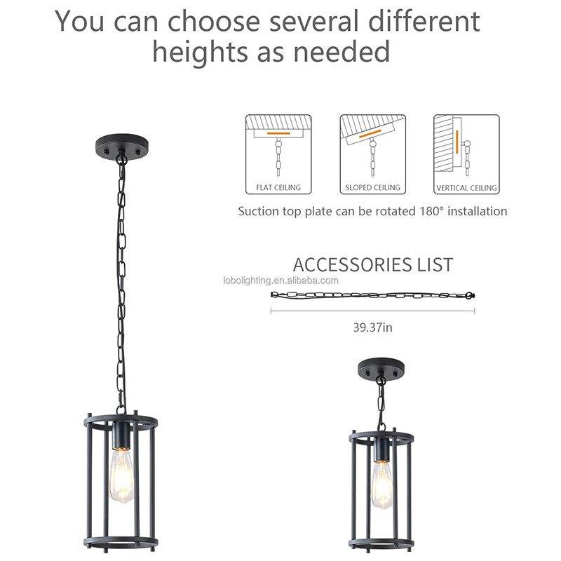 Black Lantern Chandelier in Finish Metal Round Fixture Light for Kitchen Island Cage Pendant Light with Adjustable Chain Hang