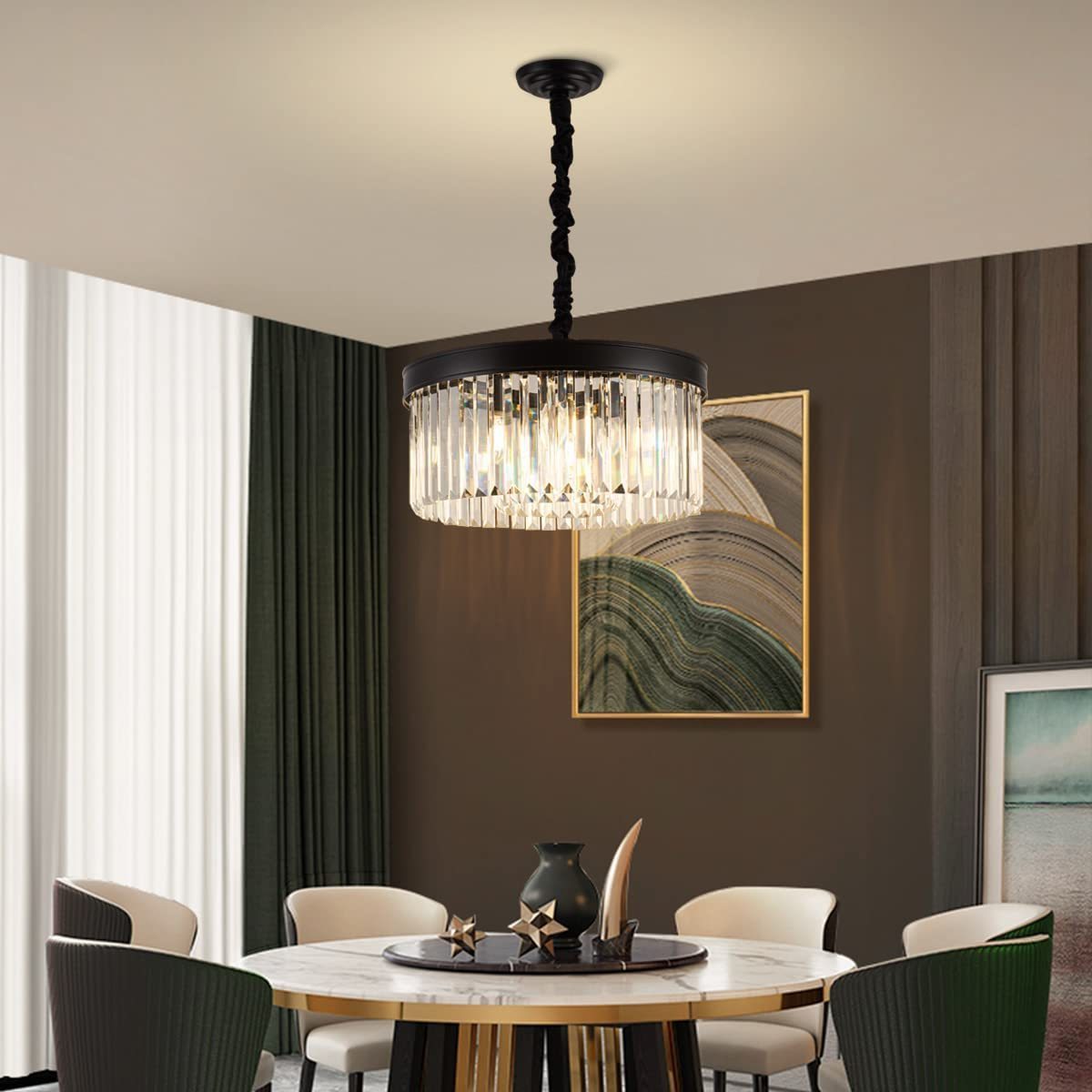 Modern Crystal Chandelier Lighting 2-Tier K9 Crystal Black Chandeliers Adjustable Chain Luxury Hanging Ceiling Light Fixture