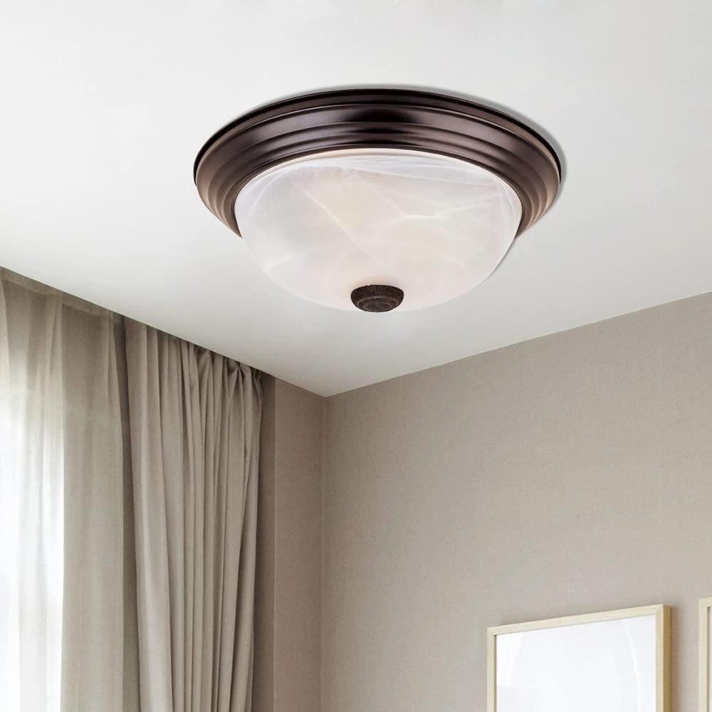 Modern 2-Light Flush Mount Ceiling Light Fixture with Etched Glass Shade, Oil Rubbed Bronze