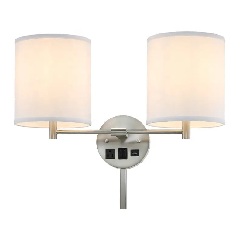 Hotel double round shade wall mounted bedside wall light with 2 outlets