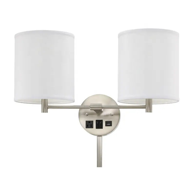 Hotel double round shade wall mounted bedside wall light with 2 outlets