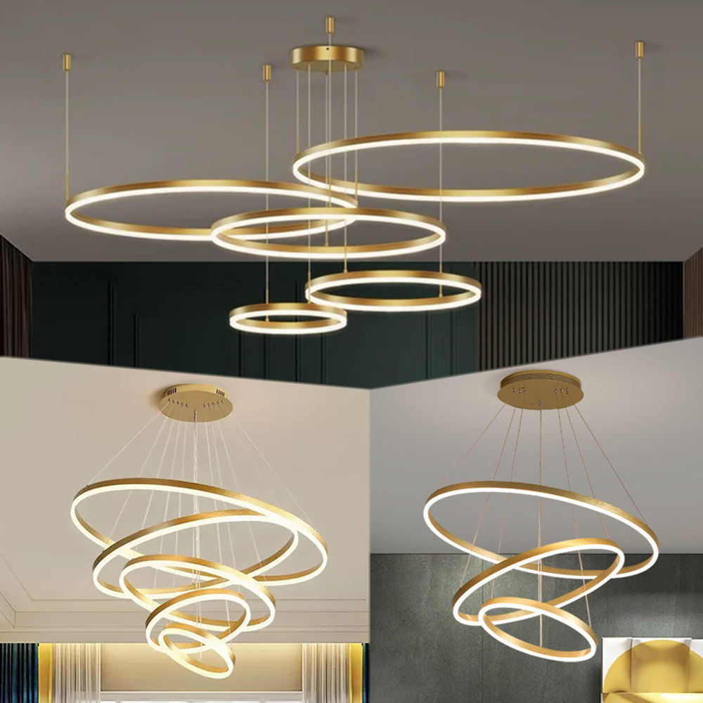 Contemporary Hanging Ceiling Luxury Home Decorative Pendant Light 3 Ring Acrylic Gold Luxury Round Led Chandelier