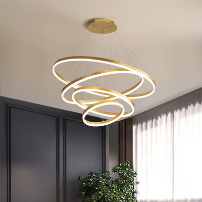 Contemporary Hanging Ceiling Luxury Home Decorative Pendant Light 3 Ring Acrylic Gold Luxury Round Led Chandelier