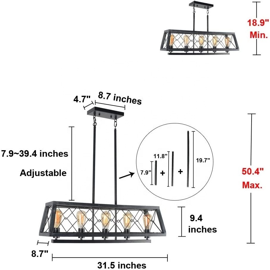 5-Light Linear Pendant Light Fixture Kitchen Island Lighting Antique Industrial Metal Farmhouse Chandeliers