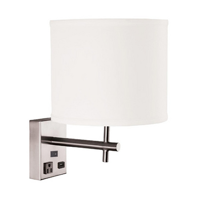 Wall Sconce Lighting Bedside Wall Mount Light with USB Port and AC Outlet White Fabric Shade, Wall Lamp Light Bedroom