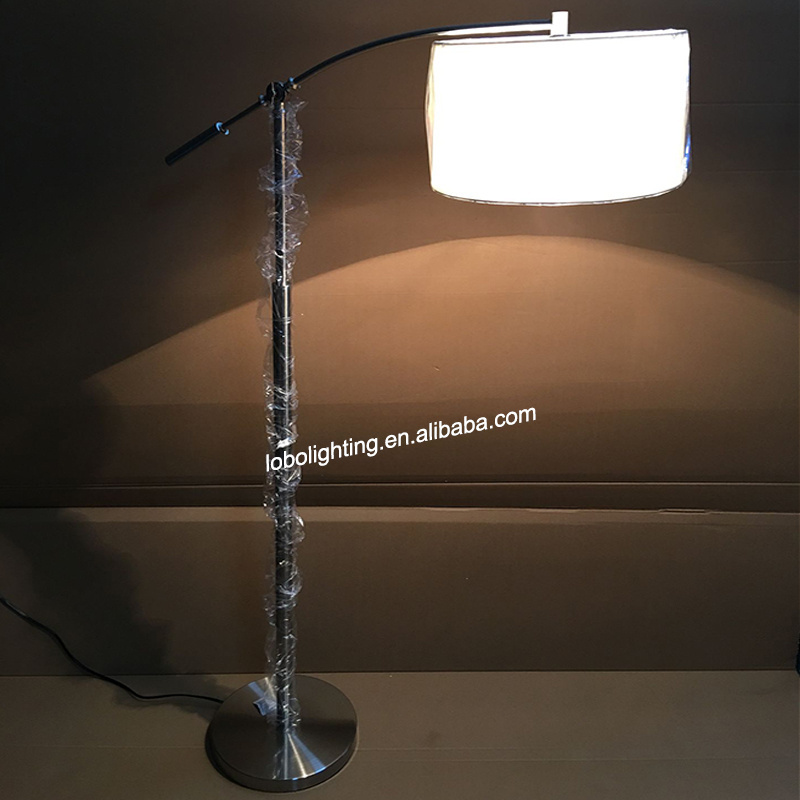 Ul Listed Hampton Inn Hotel 63.75 in Brushed Steel Adjustable Height Arc Light Bedside Floor Lamp with White Fabric Shade