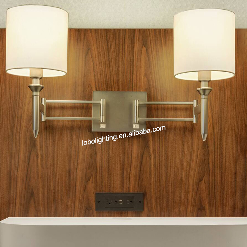 Hampton Inn Metal Swing Arm Wall Sconce Light Nickel Modern Adjustable Bedroom Hotel Guestroom Wall Lamp With Plug