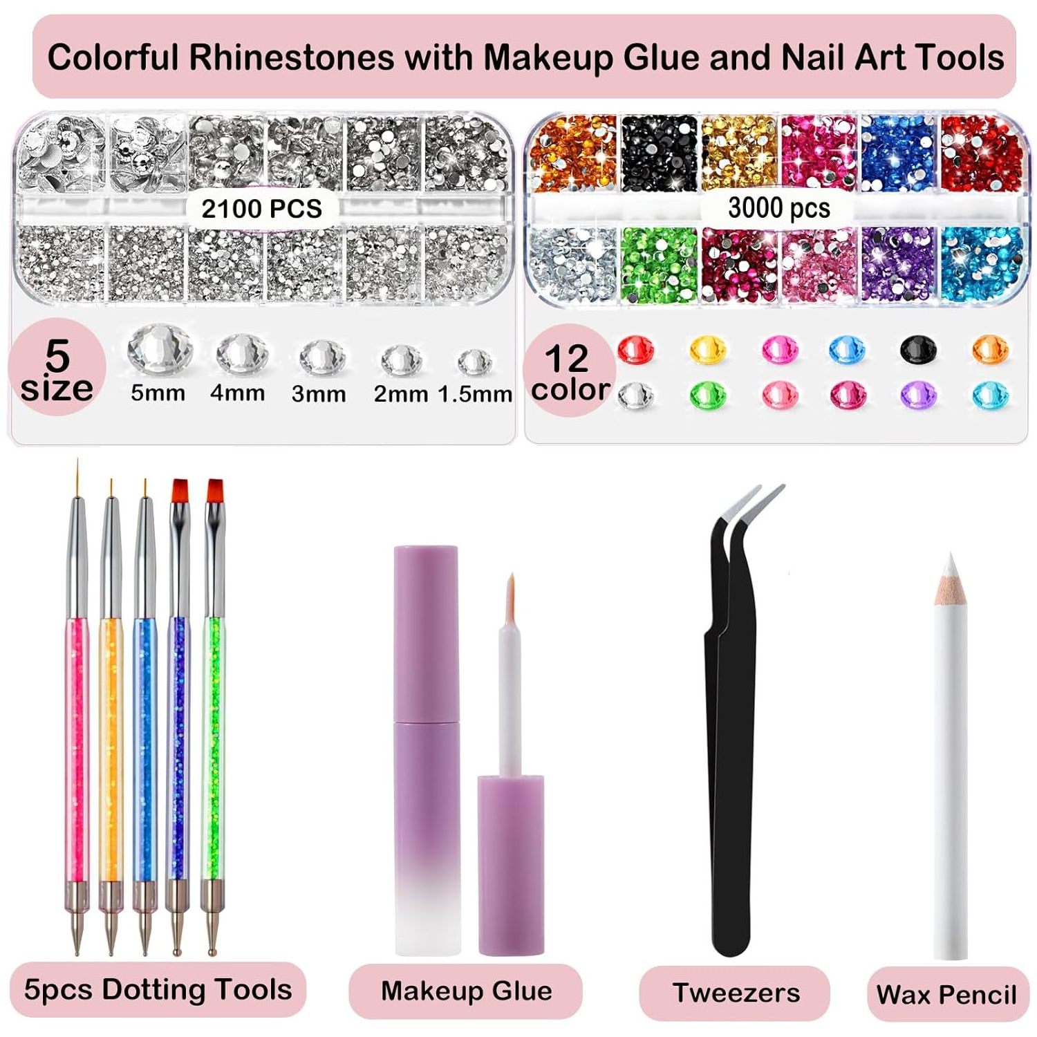 5100Pcs  Face Jewels with Makeup Glue Multi-Color Rhinestone with Nail Art Tools Dotting Tools Rhinestone