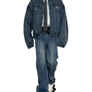 High Quality manufacturers OEM&ODM High street heavy washed distressed patch denim set vintage men's jeans jacket and stacked