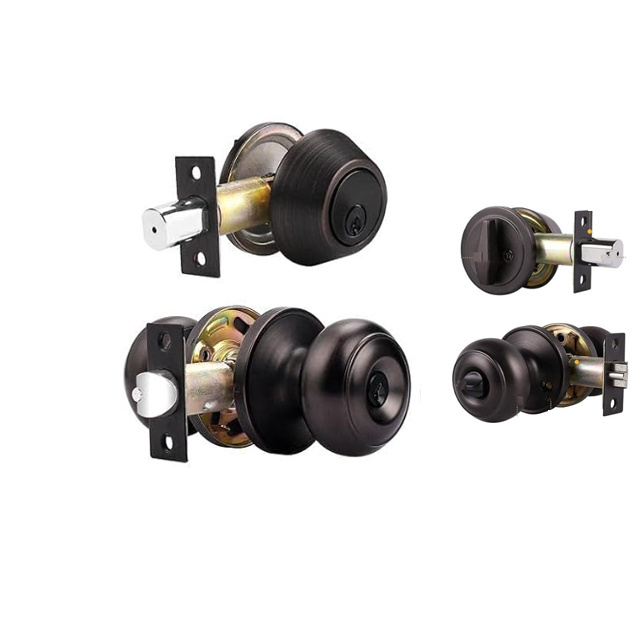 High Quality Stainless Steel Keyed Entry Ball Style Doorknob and Single Deadbolt Combo Antique Brass Finish Twin Pack