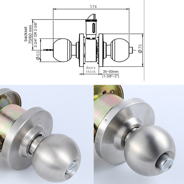 Hot Sale Stainless Steel Entry Privacy Passage Cylindrical Round Knob Door Lock with 2 common keys