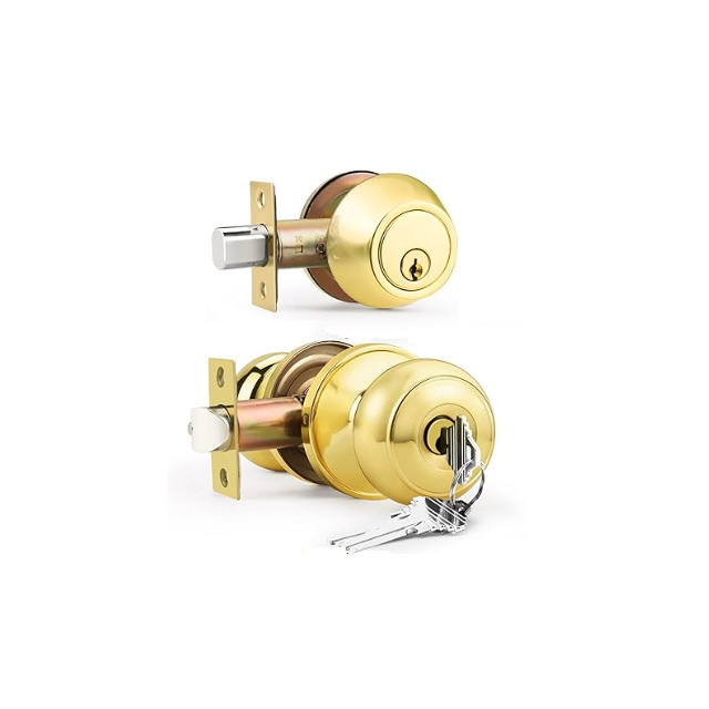 Polished Brass Entry Door Locksets with Single Cylinder Deadbolt Flat Round Door Lock Set for Bedroom/Office/Exterior Doors