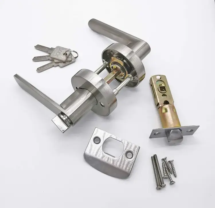 Nickel Finish Security Privacy Lever Door Handle Lock Double Cylinder Satin Entry Safety Lever Handle Lock