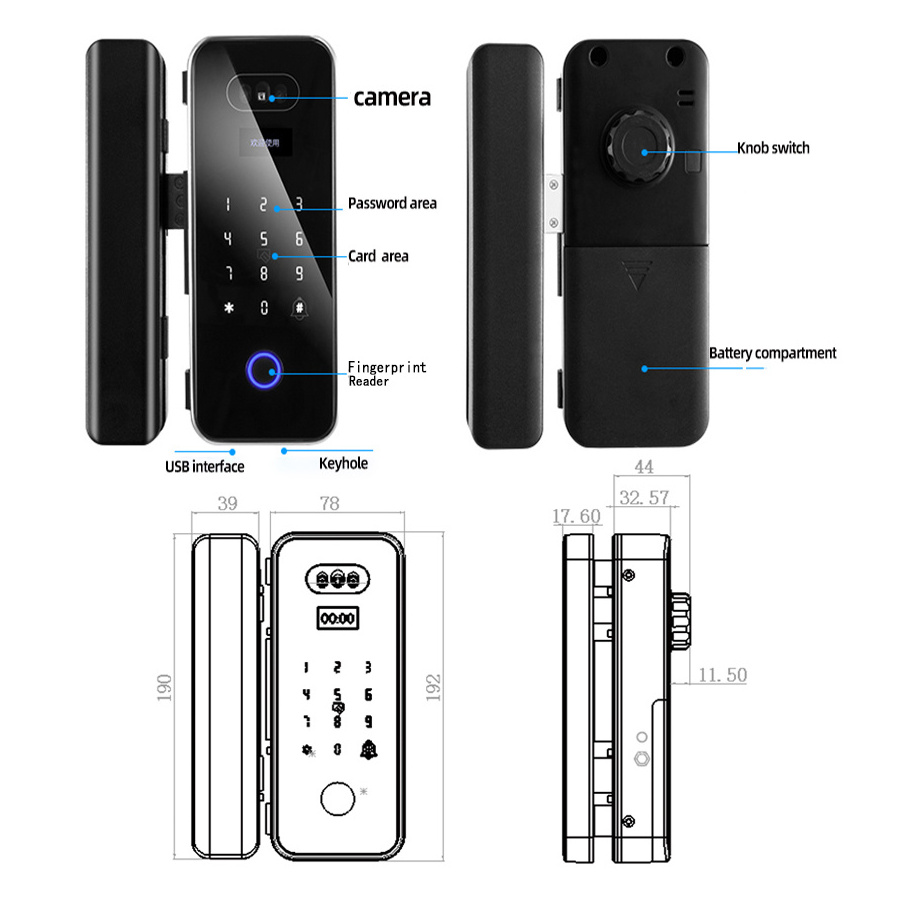 Tuya Door Lock Fingerprint Rim Smart Gate Lock With 3D Face Recognition Camera For Glass Sliding Door