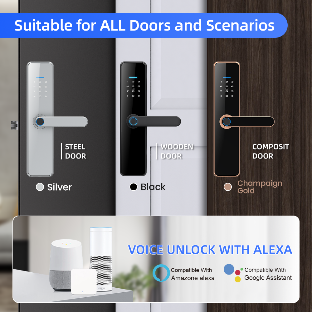 Fingerprint Wifi Digit Electronic Digital Tuya Ttlock Electric Handle Security Keys Smart Door Lock For Double Door