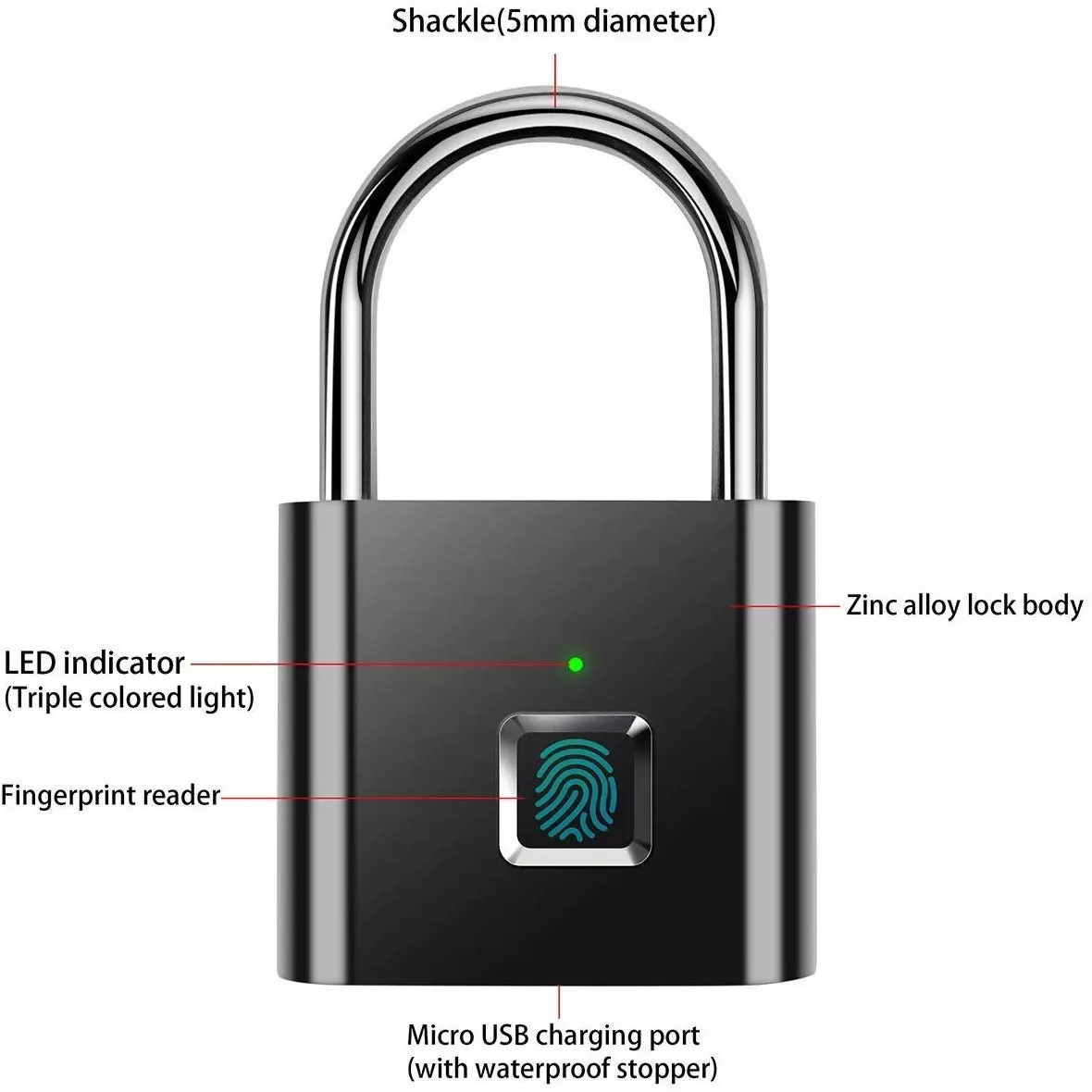 Usb Rechargeable Fingerprint Identification Biometric Smart Keyless Securite  Zinc Alloy Intelligent Fingerprint Padlock Lock