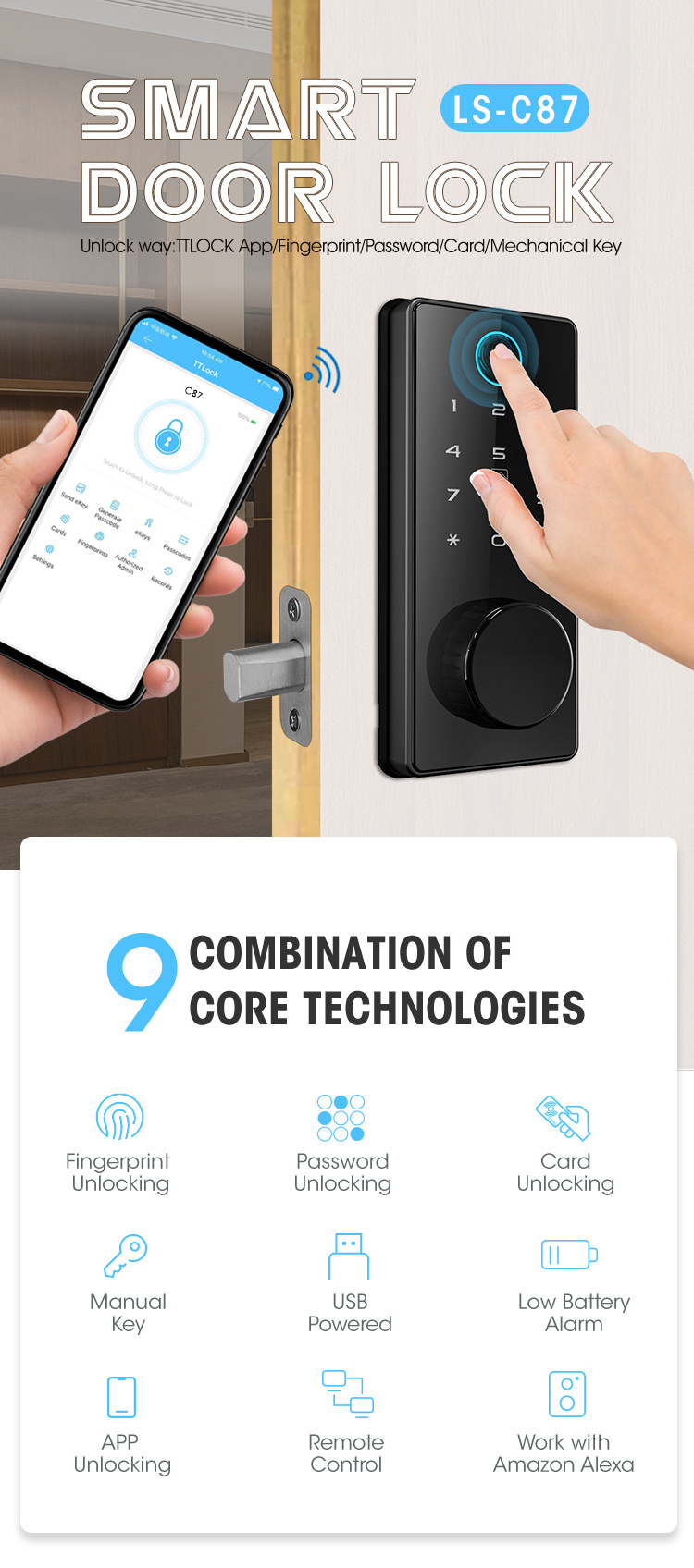 Smart RIM Deadbolt Auto Lock Fingerprint Password App Control TTLOCK TUYA APP Card Door Lock