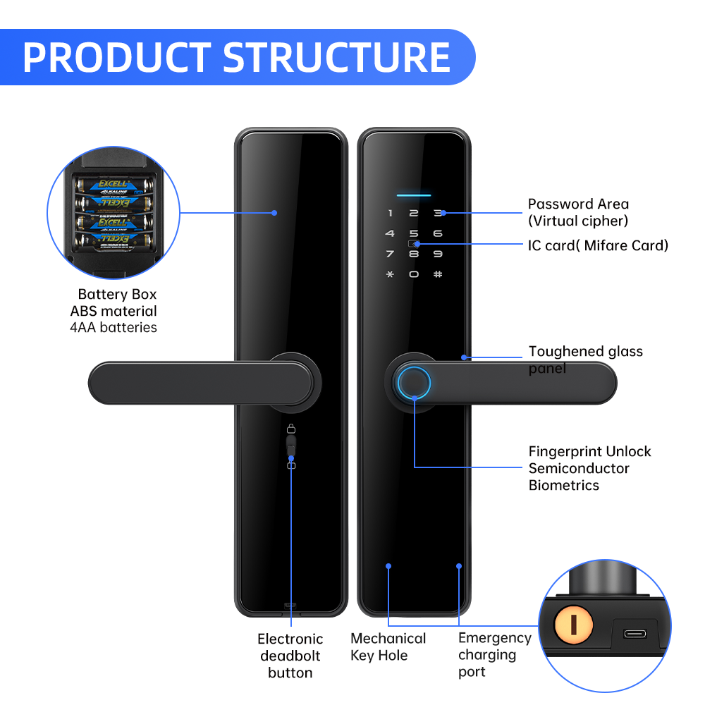 Security Keys Digital Electronic Handle Tuya Ttlock Digit Fingerprint Wifi Electric Smart Door Lock For Home