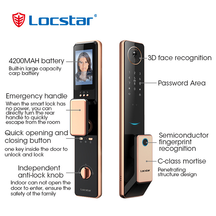 Locstar 3D Face Recognition Smart Fingerprint Digital Safe Door Lock With Camer And Doorbell