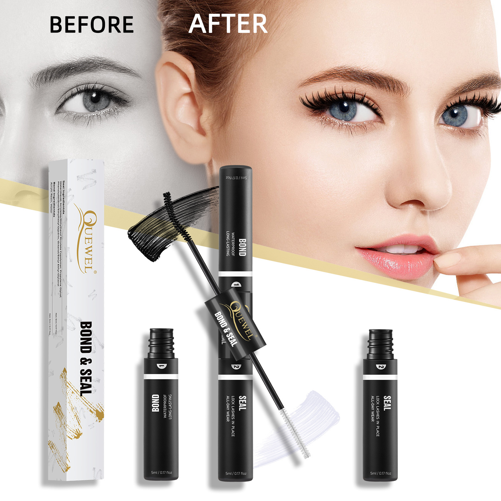 QUEWEL Lash Clusters Bond and Seal, Black Cluster Lashes Glue for DIY Lashes, Strong Hold&Waterproof Eyelash Clusters Glue