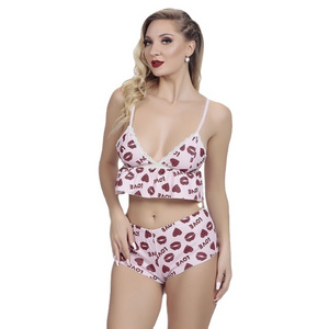 High Quality Love Lip Printed Stylish Spaghetti Strap Bralette Shorts Nightgown Pyjamas Suit Night Dress Bra And Pants 1319 OEM